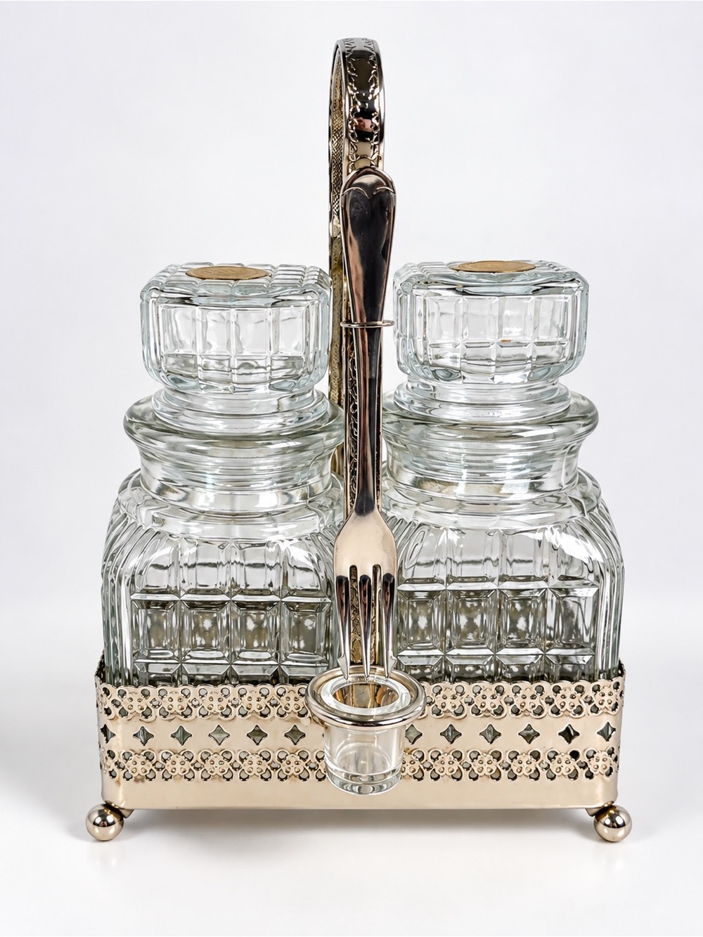 Glass Cruet Condiment Set Silver Tone Caddy 2 Jars Vintage Made in England